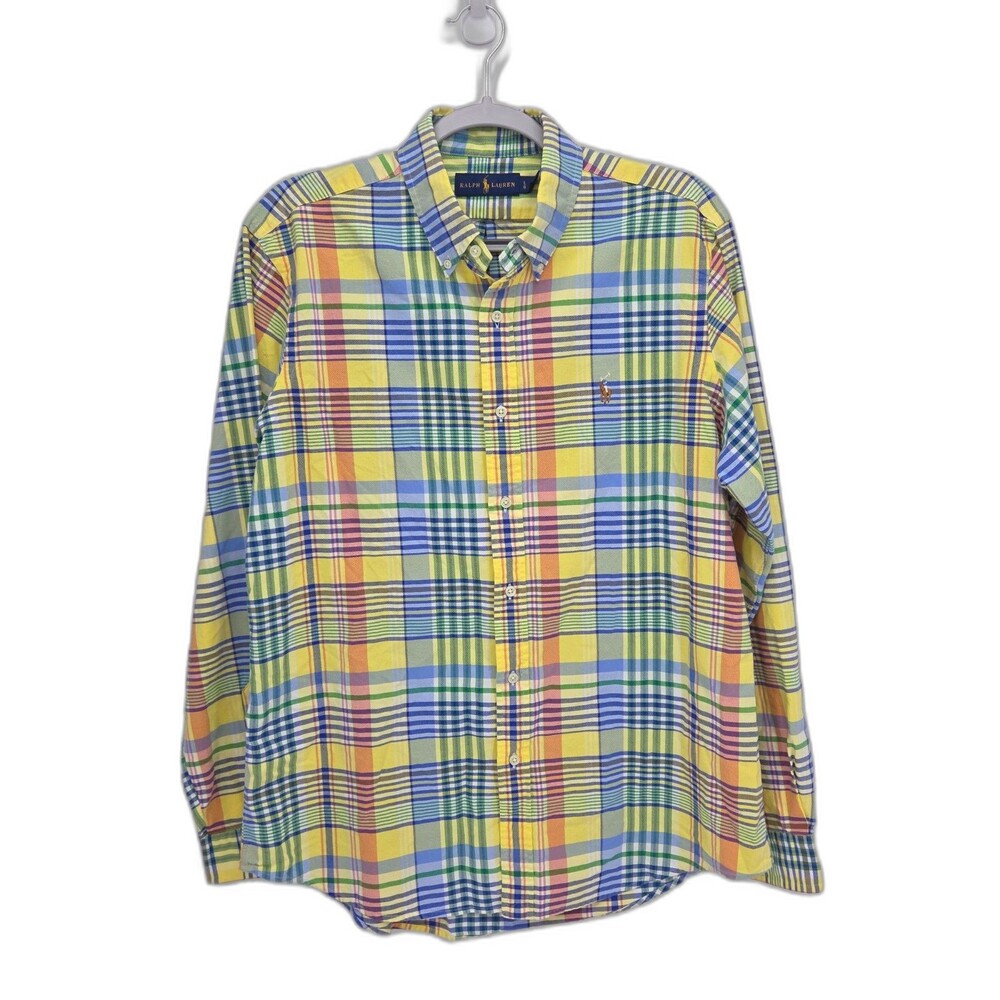 Polo Ralph Lauren Mens Oxford Button Shirt Long Sleeve Plaid Yellow Blue Large